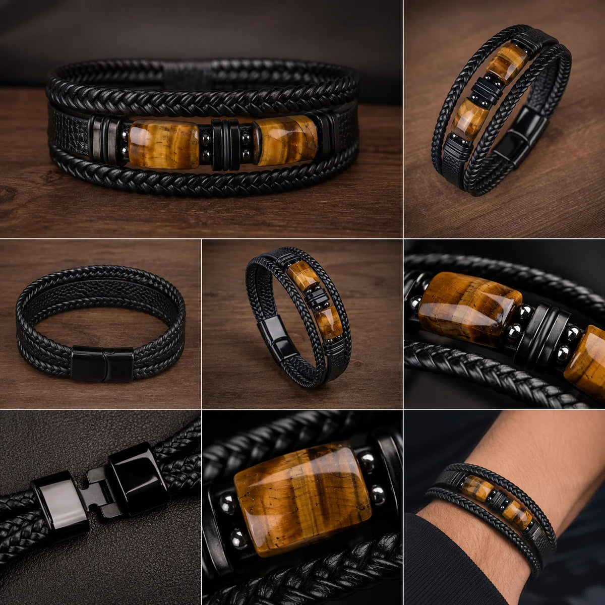 Bracelet en Cuir, Pierre Naturelle-Oeil de Tigre