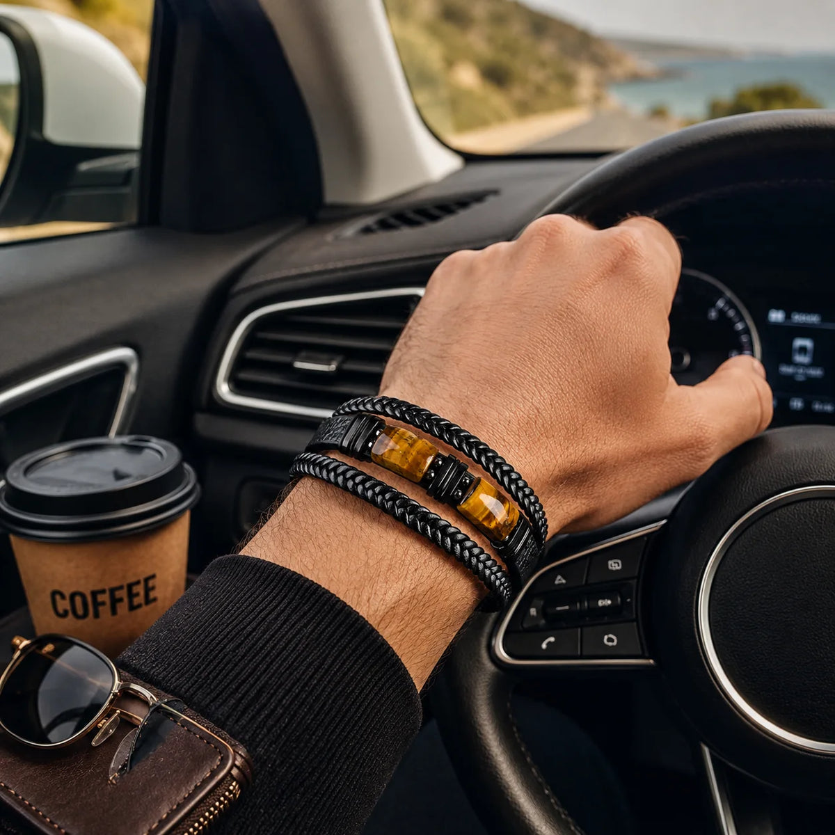 Bracelet en Cuir, Pierre Naturelle-Oeil de Tigre