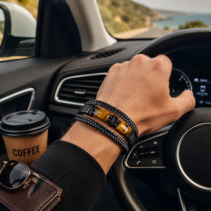 Bracelet en Cuir, Pierre Naturelle-Oeil de Tigre