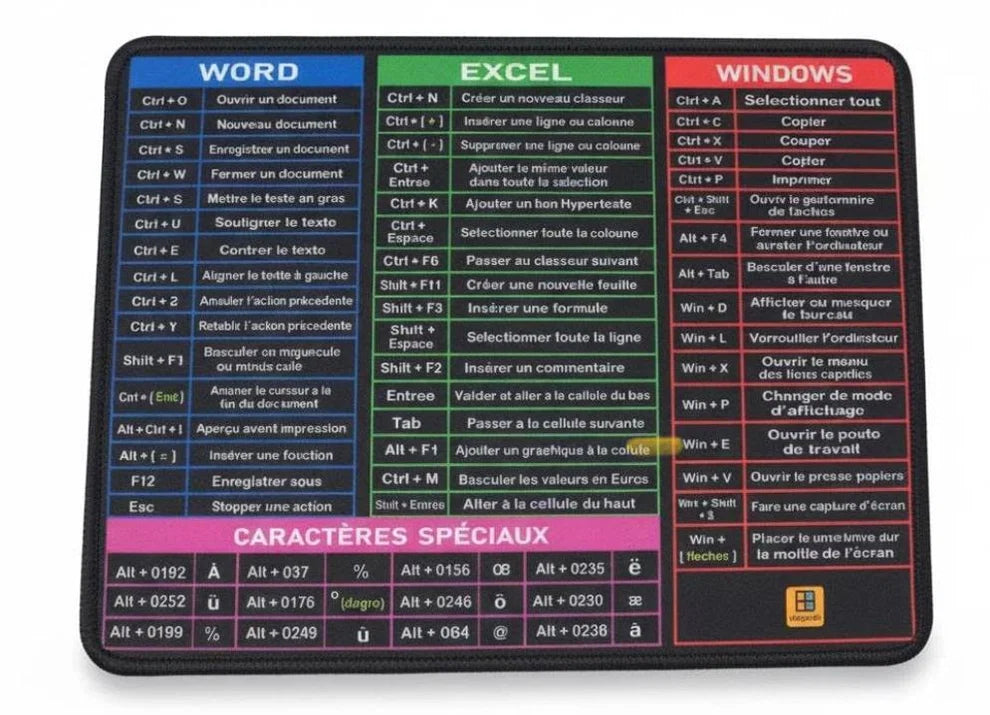 🖥️ Tapis de Souris Multifonction – Raccourcis Clavier Word, Excel & Windows