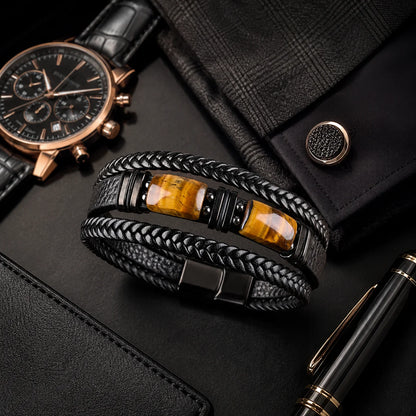 Bracelet en Cuir, Pierre Naturelle-Oeil de Tigre